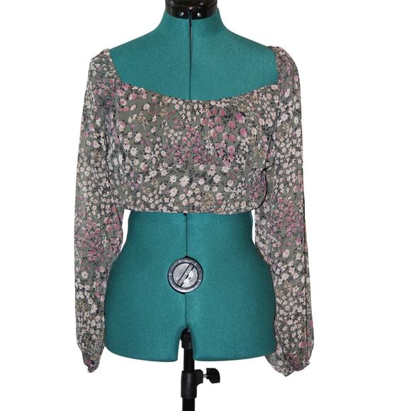 Lelis Collection Floral Chiffon Long Sleeve Open Back Crop Top - Women’s S - Picture 2 of 4